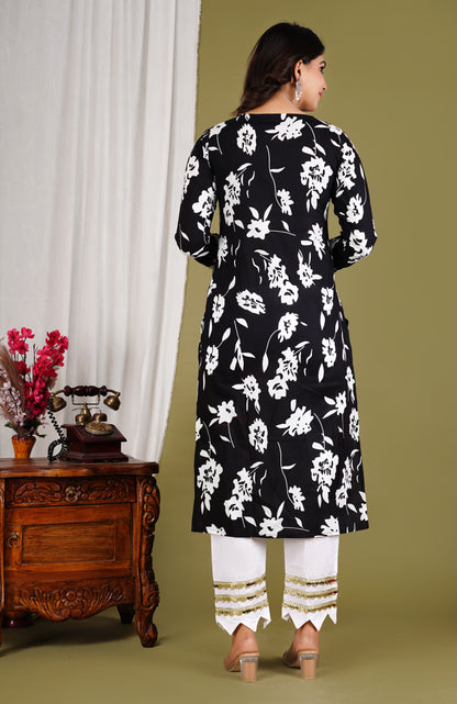 Floral Black Three Piece Suit | Kurta Set with lacework