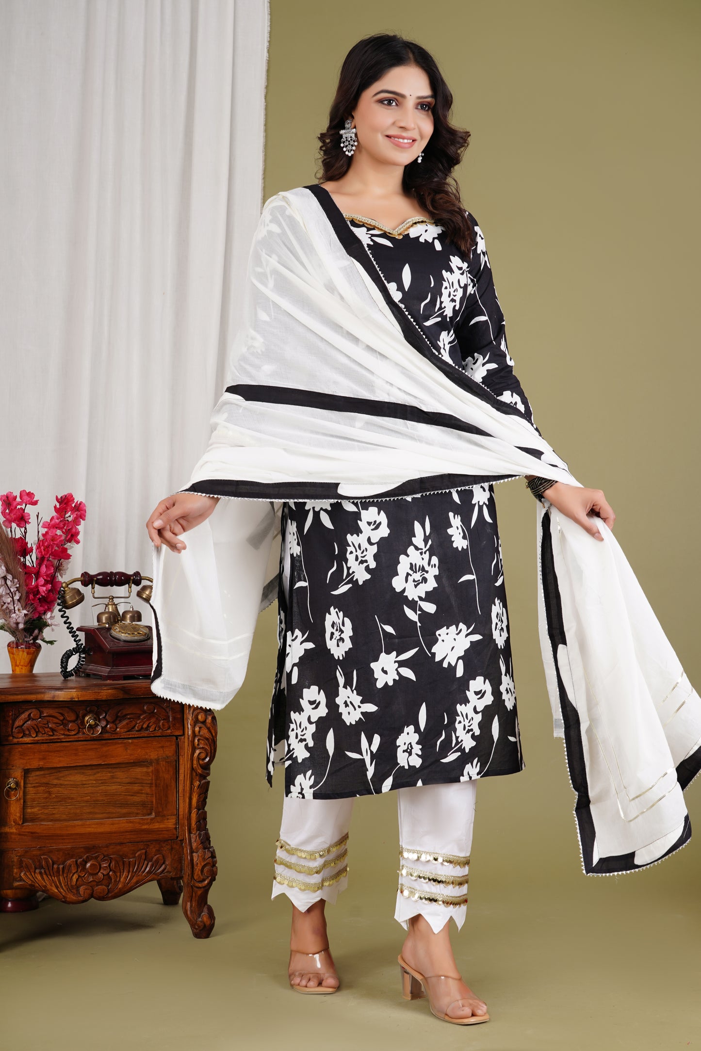 Floral Black Three Piece Suit | Kurta Set with lacework