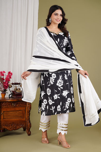 Floral Black Three Piece Suit | Kurta Set with lacework