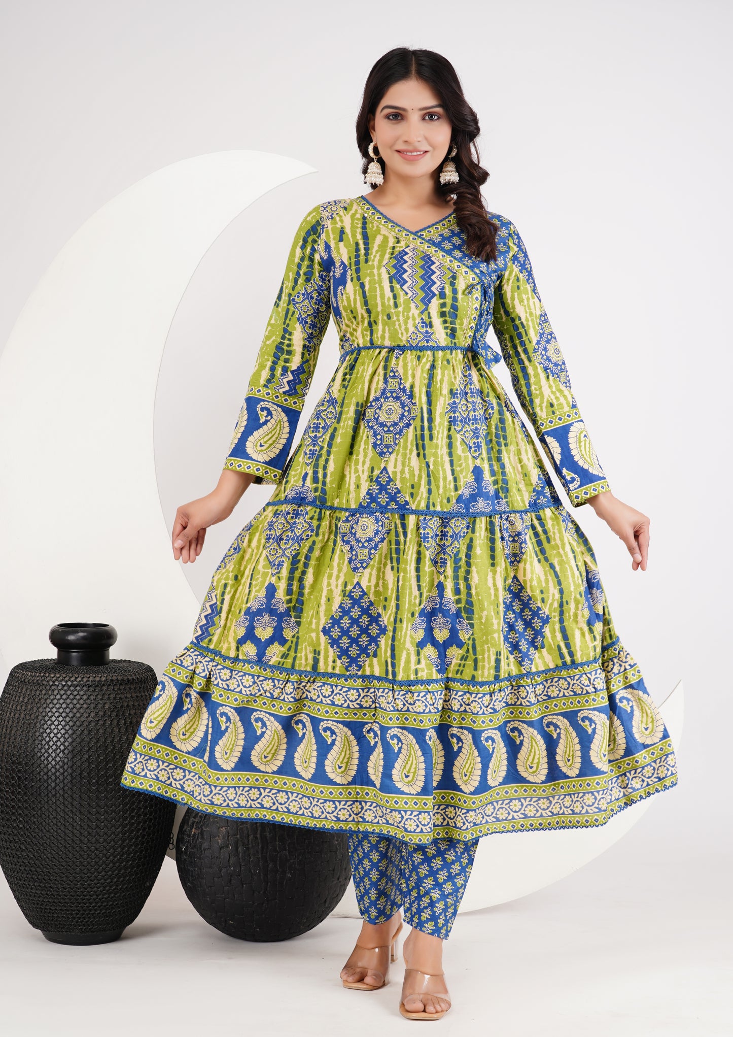 Green Cotton Angarakha Patchwork Anarkali Set