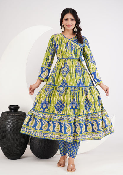 Green Cotton Angarakha Patchwork Anarkali Set