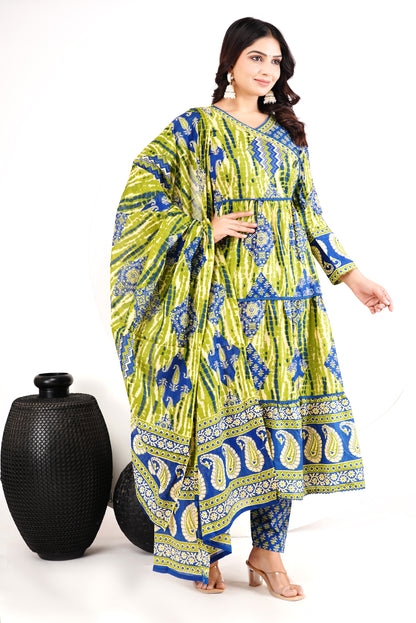 Green Cotton Angarakha Patchwork Anarkali Set