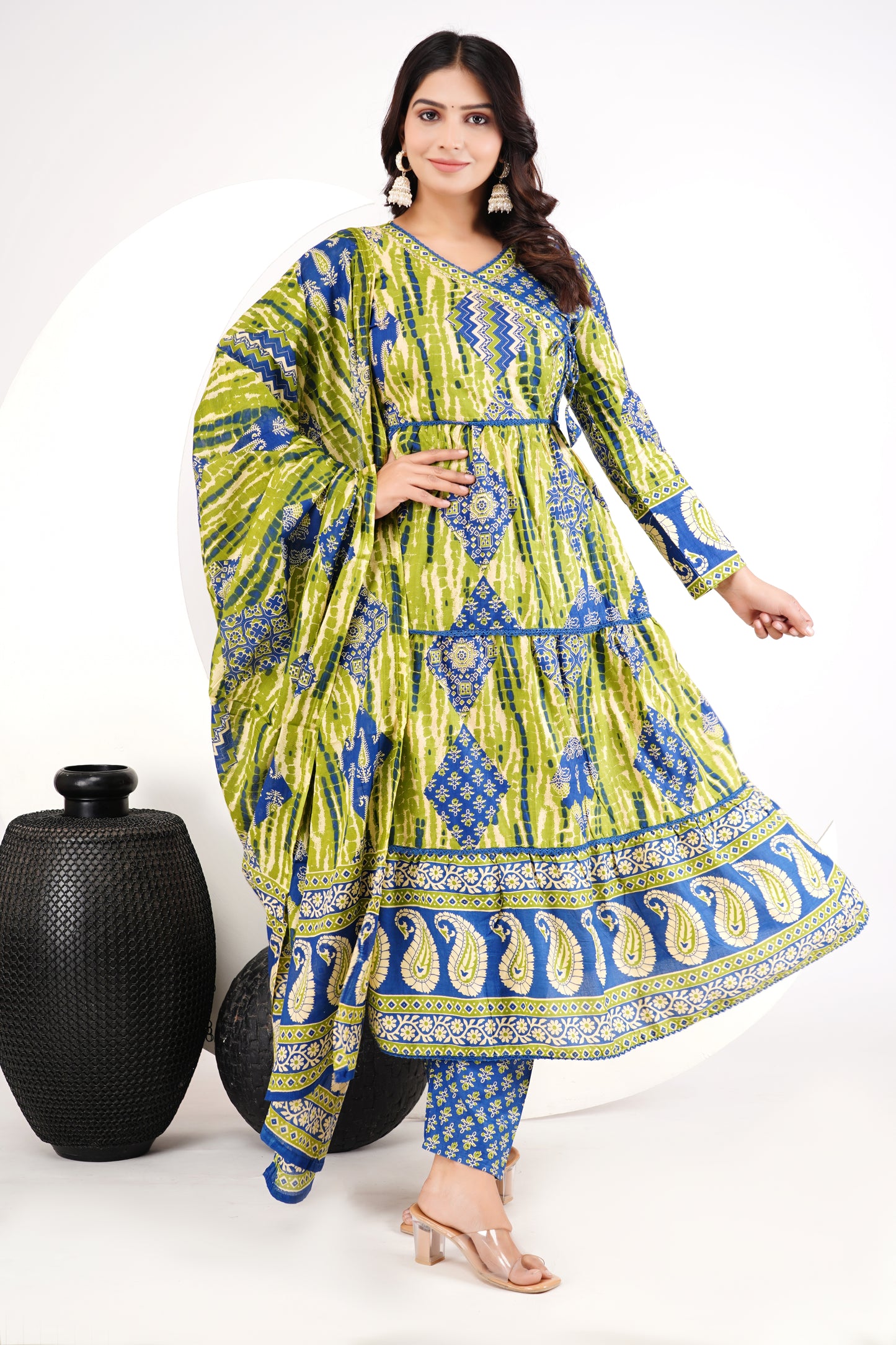 Green Cotton Angarakha Patchwork Anarkali Set