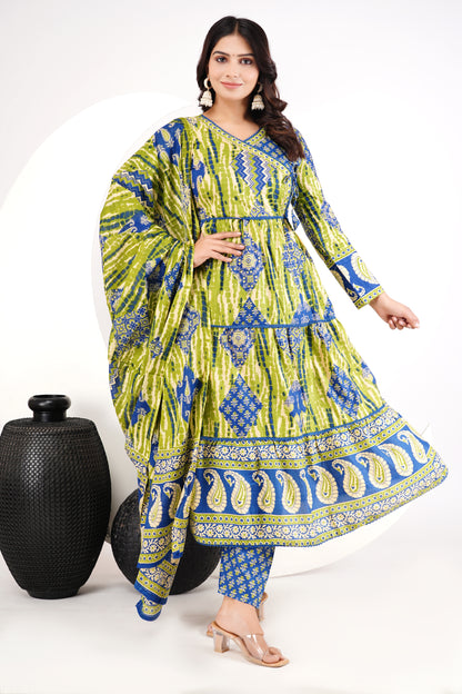 Green Cotton Angarakha Patchwork Anarkali Set