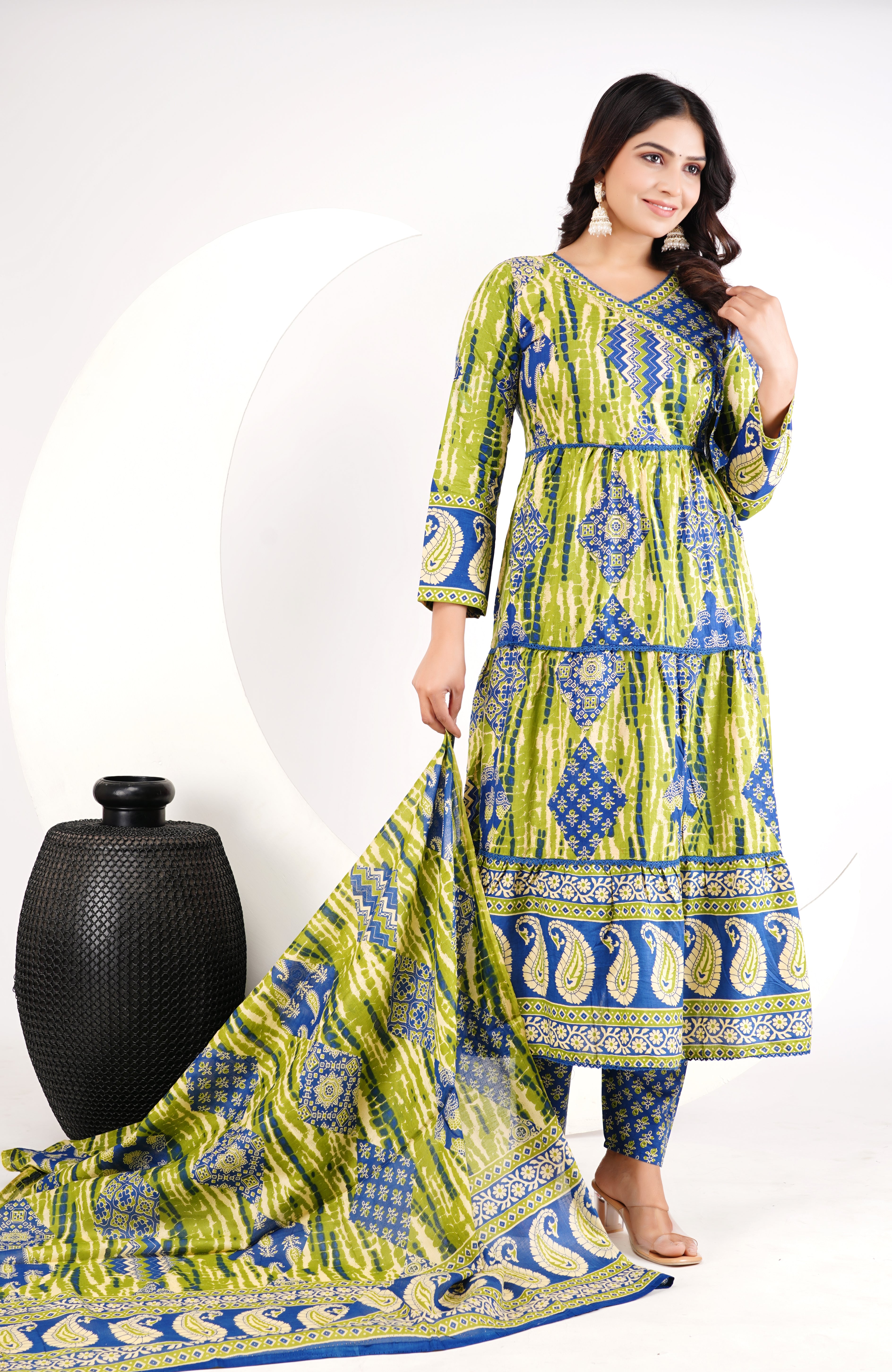 Green Cotton Angarakha Patchwork Anarkali Set