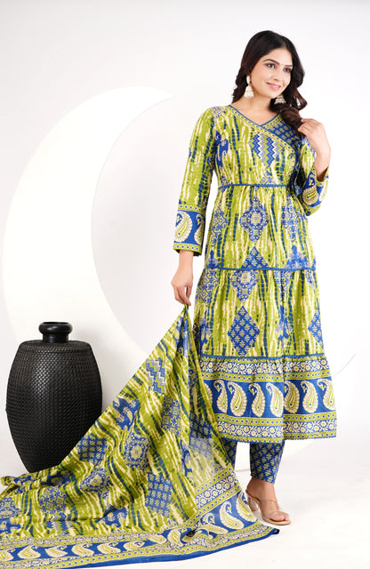 Green Cotton Angarakha Patchwork Anarkali Set