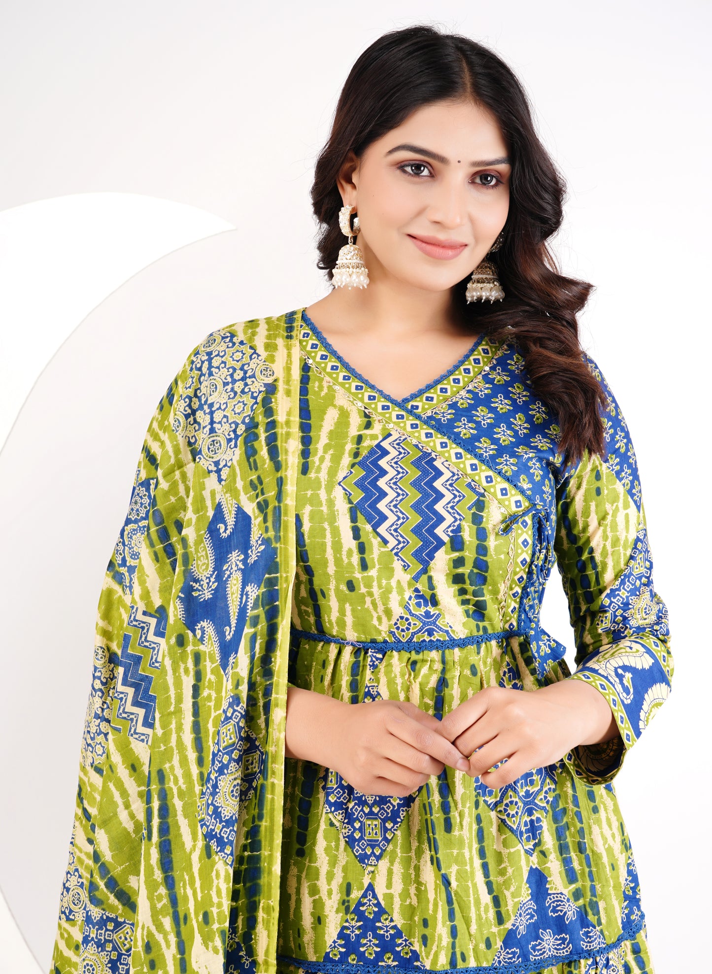 Green Cotton Angarakha Patchwork Anarkali Set