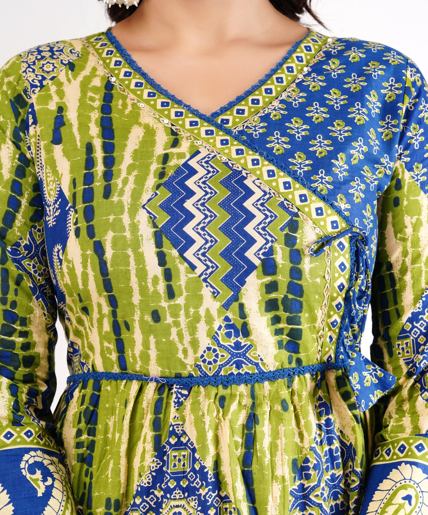 Green Cotton Angarakha Patchwork Anarkali Set