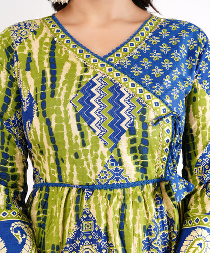 Green Cotton Angarakha Patchwork Anarkali Set