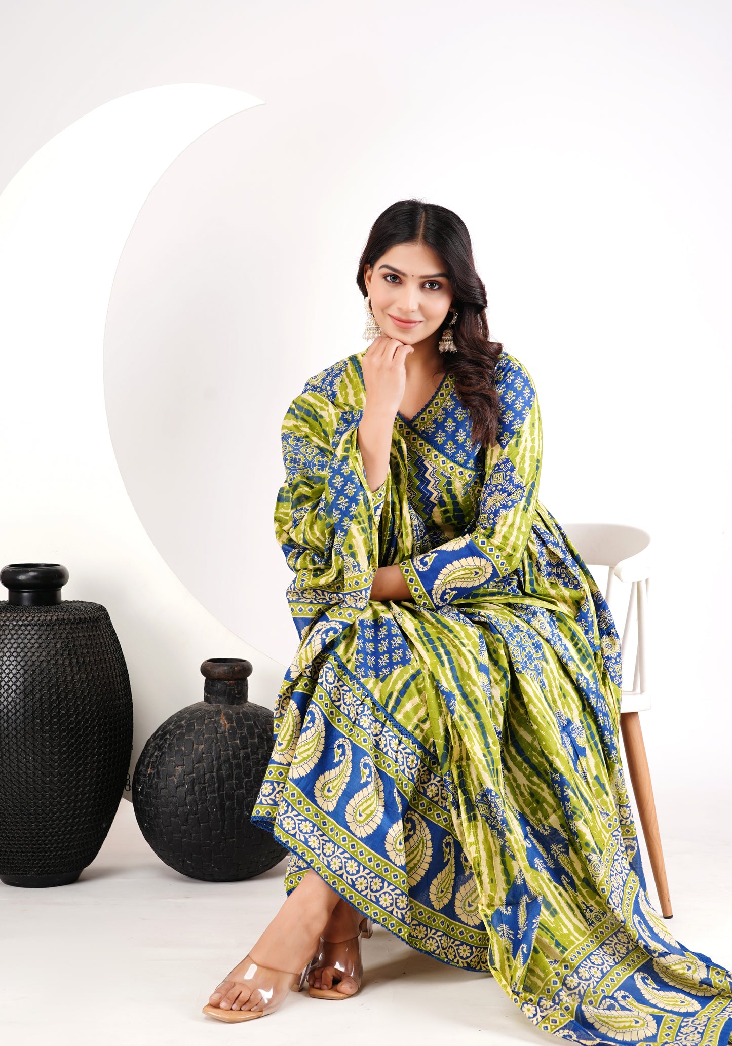 Green Cotton Angarakha Patchwork Anarkali Set