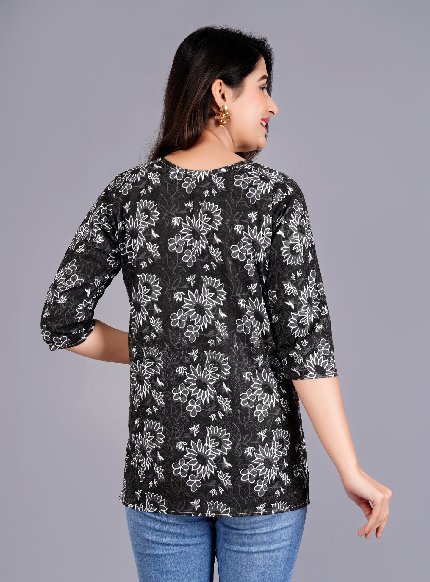 Cotton Black Printed Short Kurti