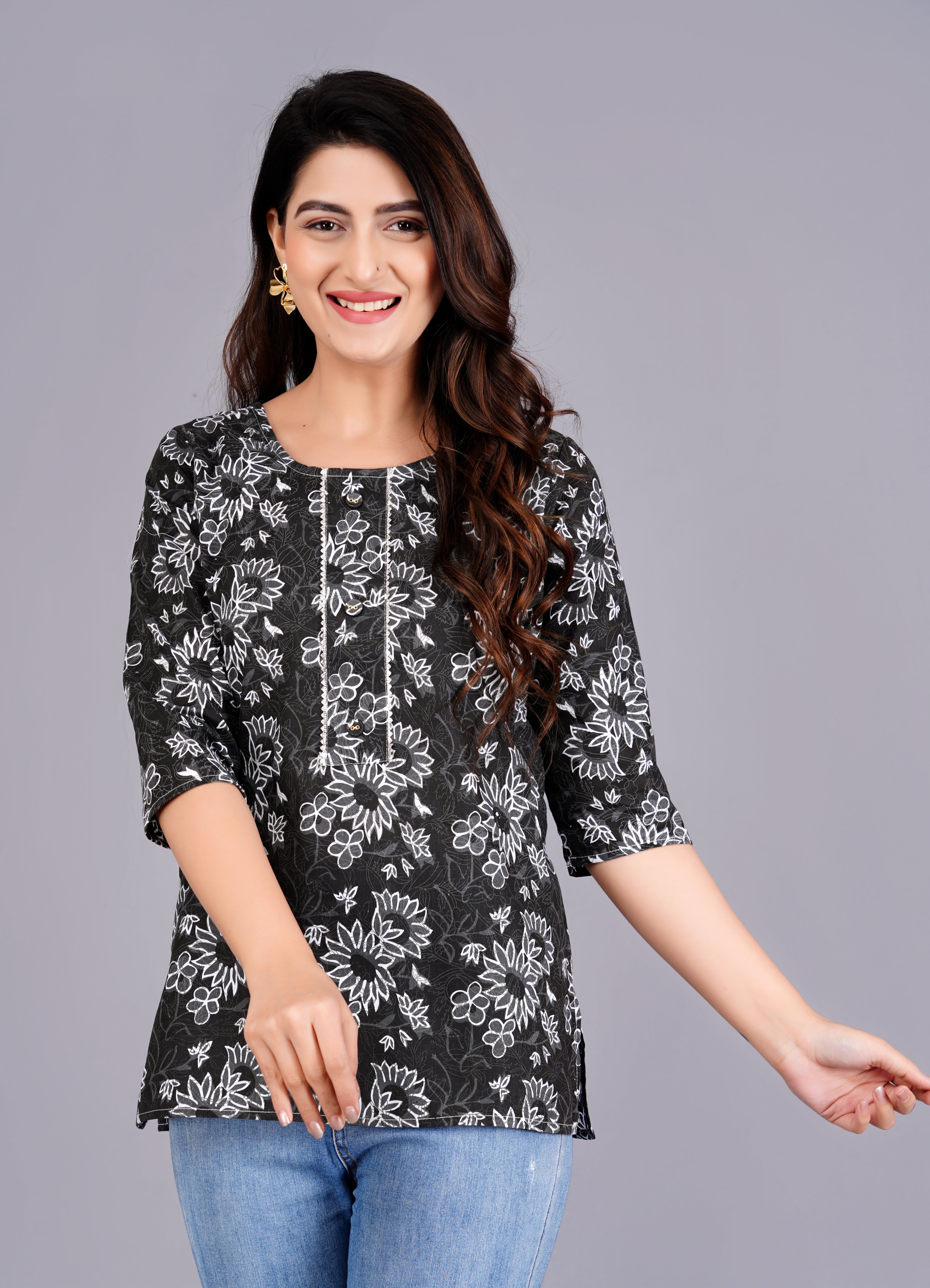 Cotton Black Printed Short Kurti