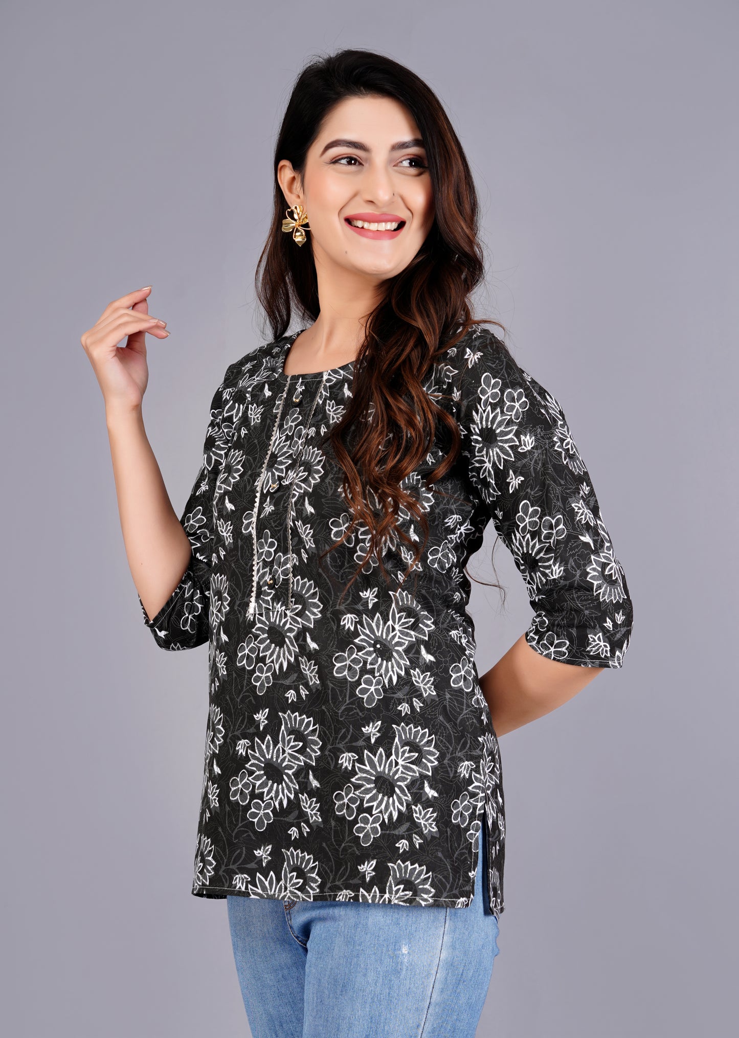 Cotton Black Printed Short Kurti