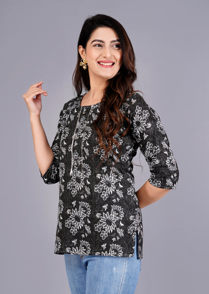 Cotton Black Printed Short Kurti