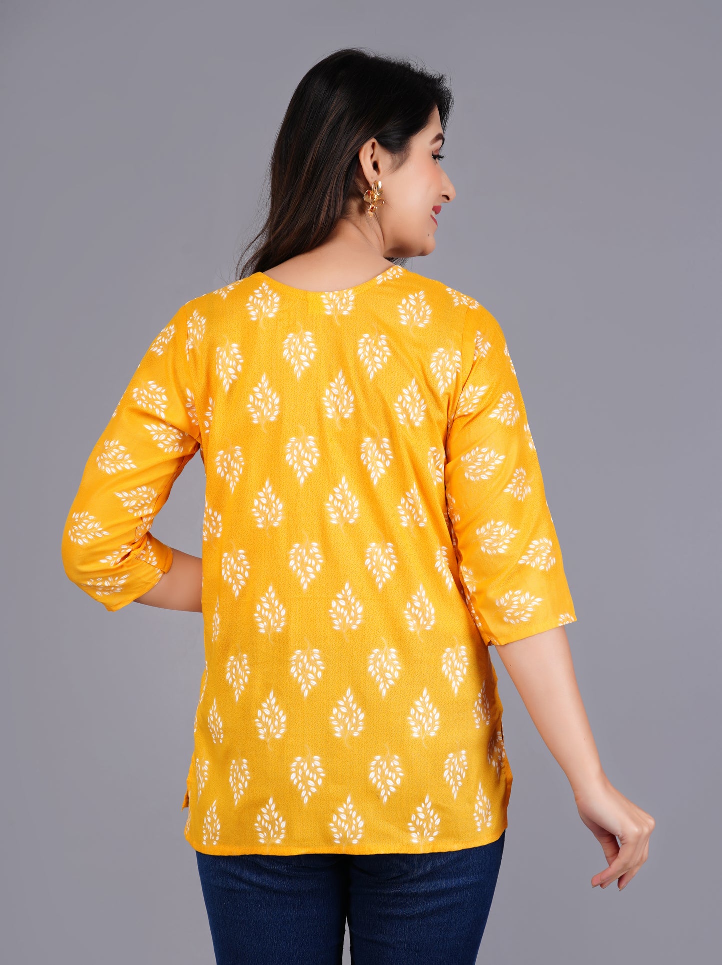 Rayon Procin Print Yellow Short Kurti