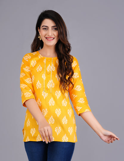 Rayon Procin Print Yellow Short Kurti