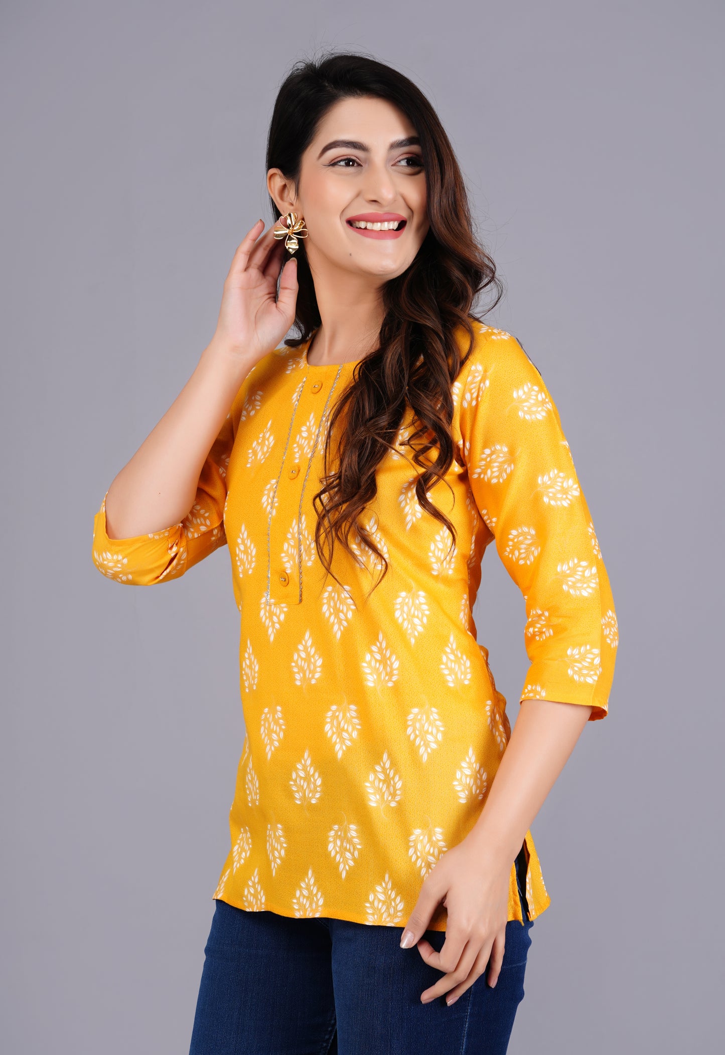 Rayon Procin Print Yellow Short Kurti