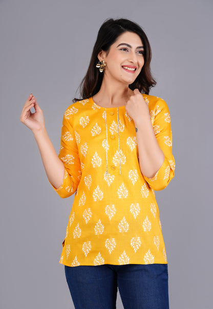 Rayon Procin Print Yellow Short Kurti