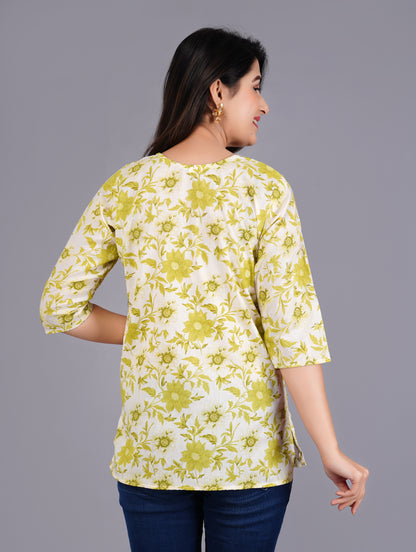 Cotton Lime Printed Short Kurti