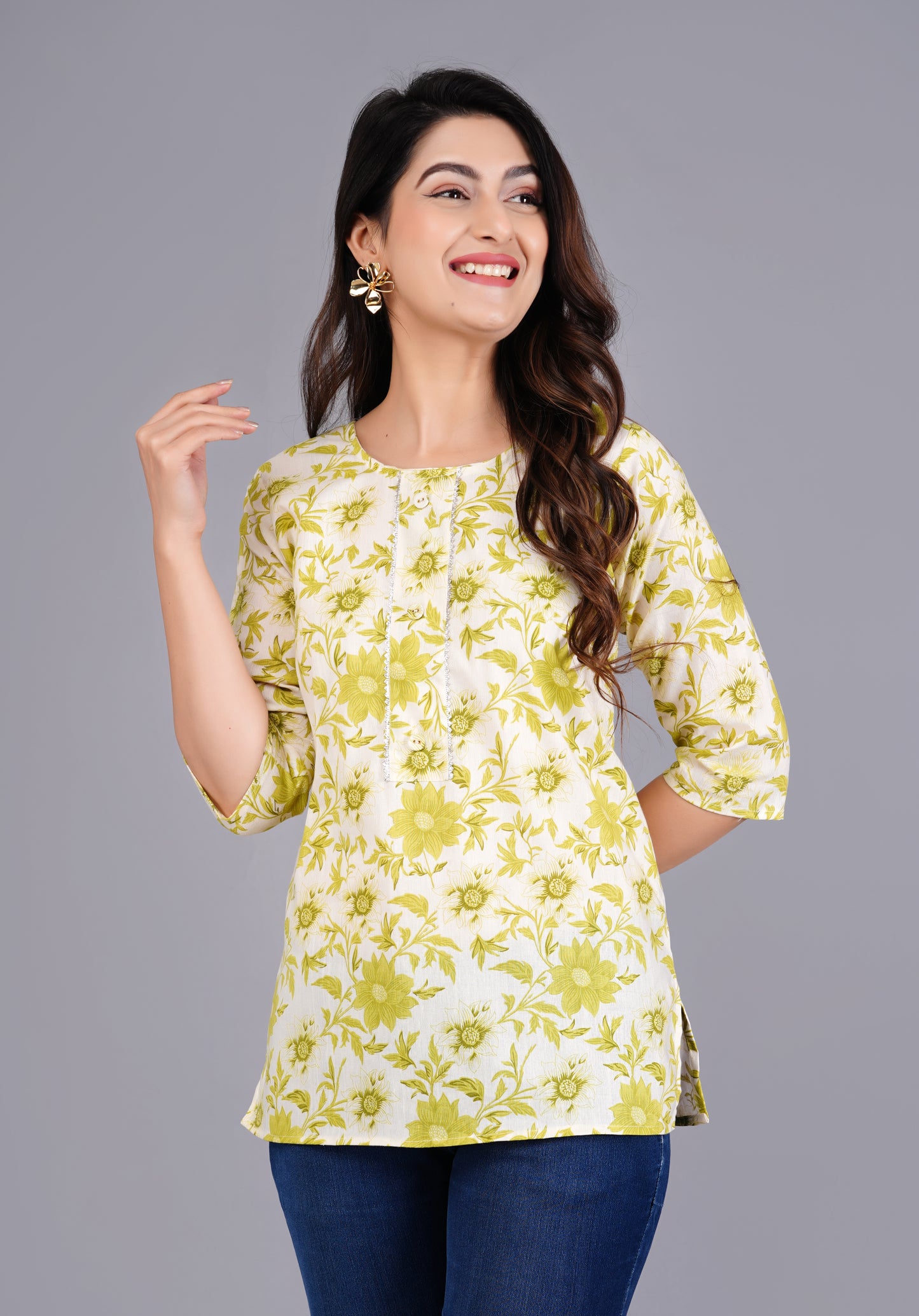 Cotton Lime Printed Short Kurti
