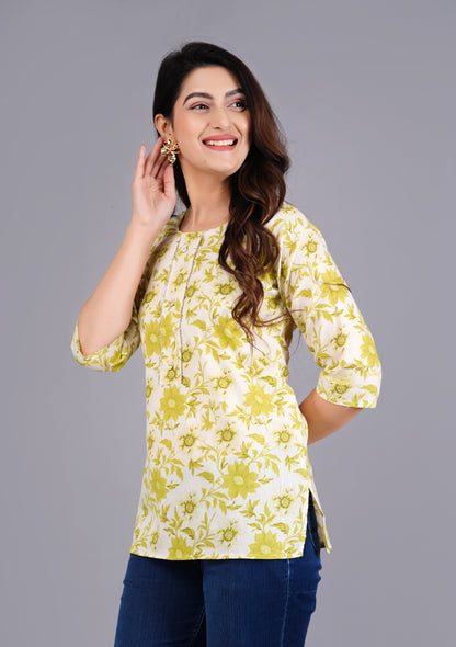 Cotton Lime Printed Short Kurti