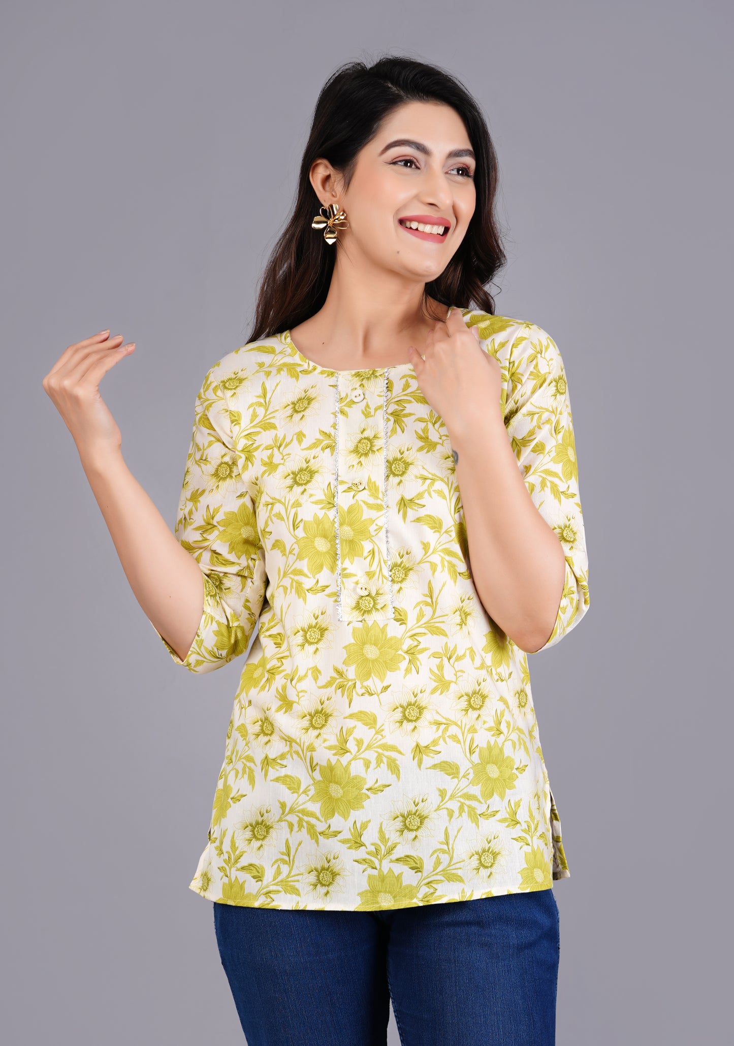 Cotton Lime Printed Short Kurti