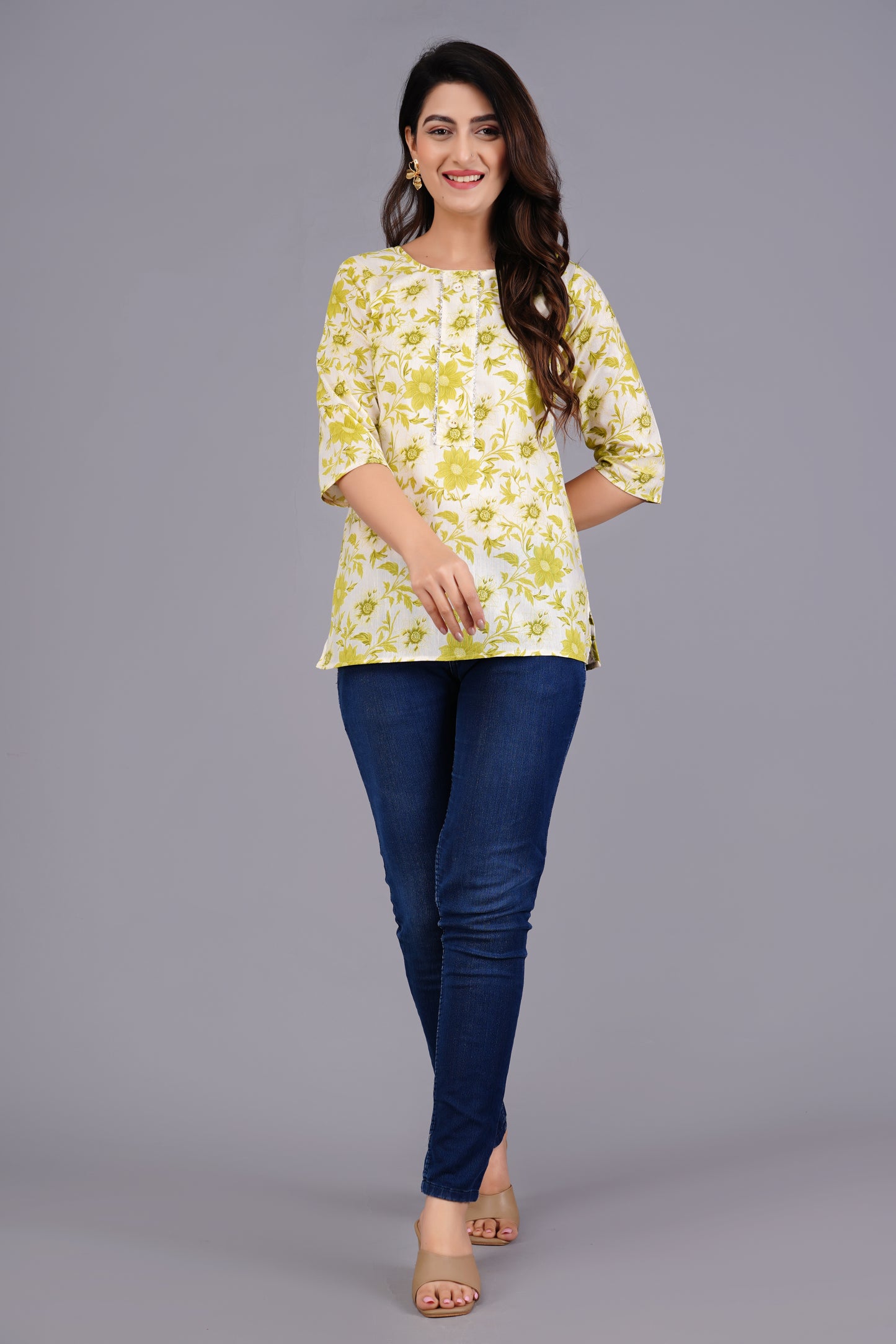 Cotton Lime Printed Short Kurti