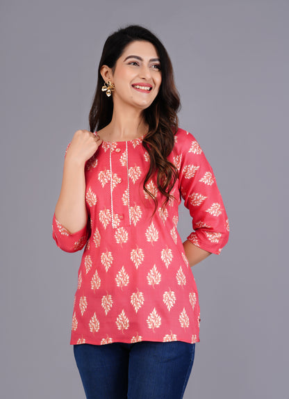 Rayon Procin Print Pink Short Kurti