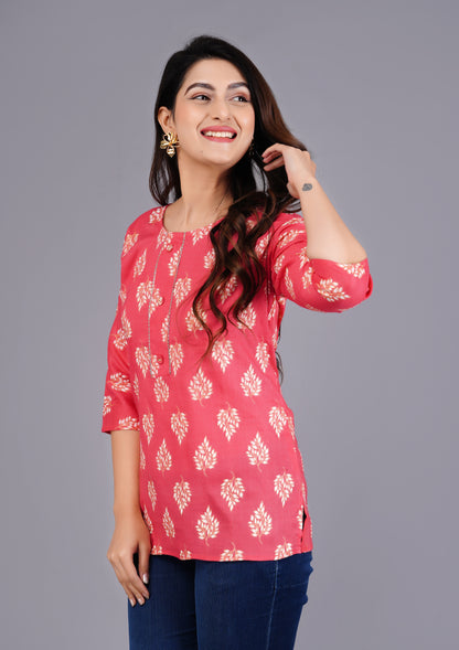 Rayon Procin Print Pink Short Kurti