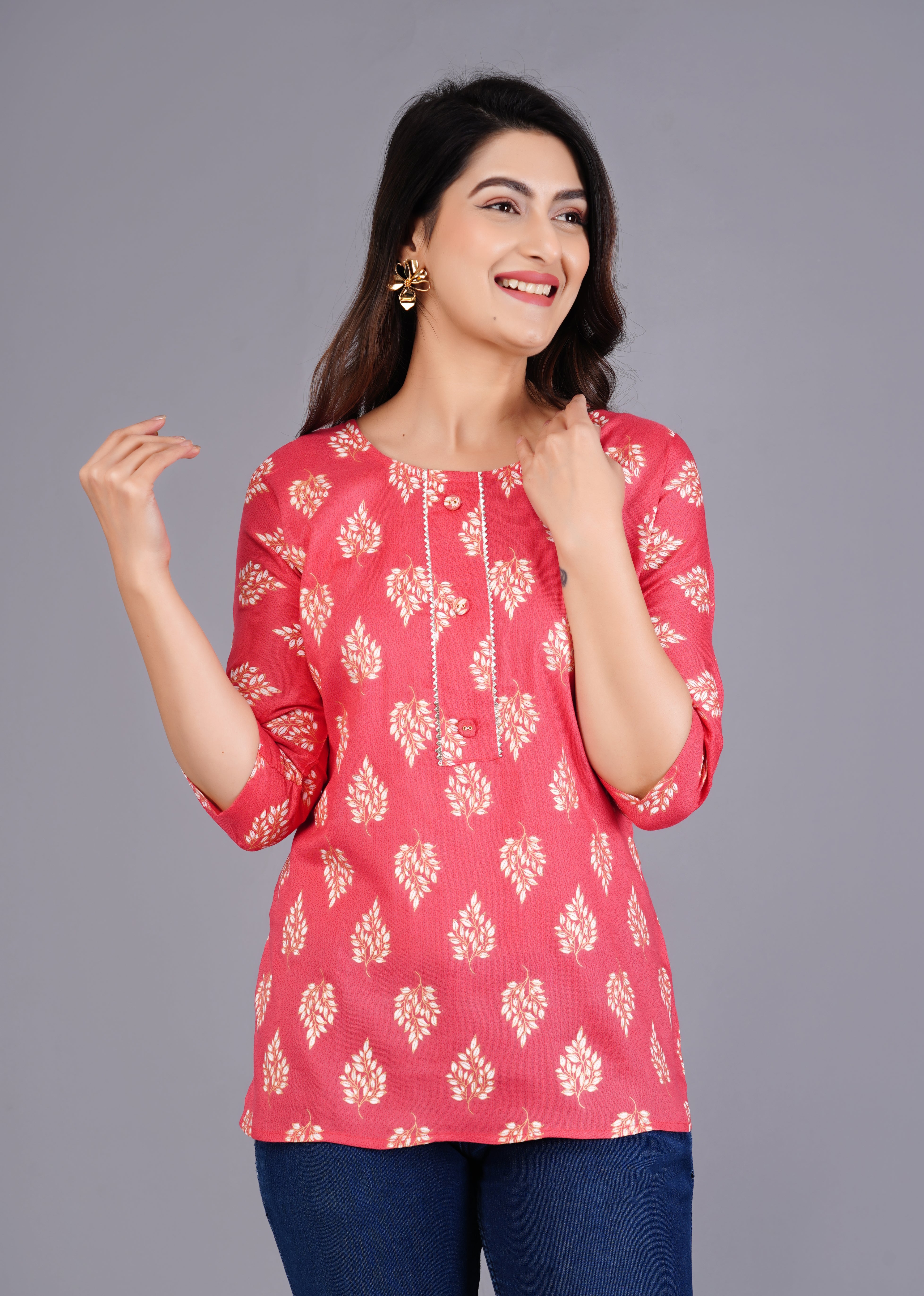 Rayon Procin Print Pink Short Kurti