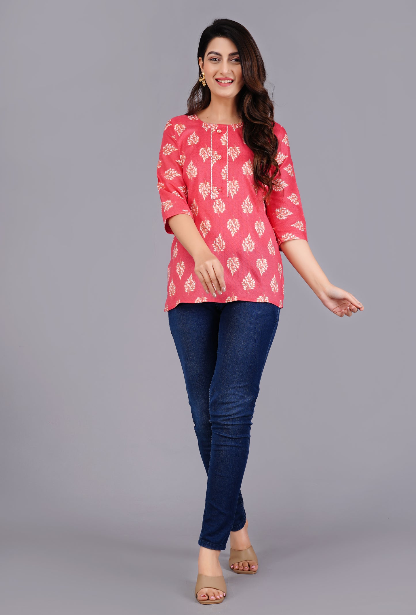 Rayon Procin Print Pink Short Kurti