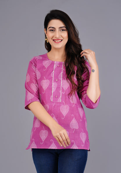 Cotton Magenta Printed Short Kurti
