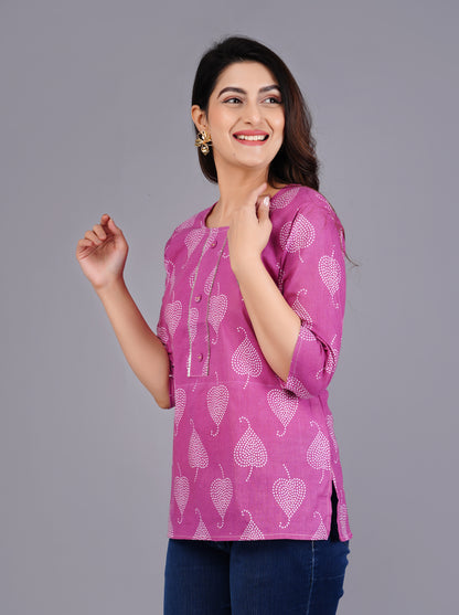 Cotton Magenta Printed Short Kurti