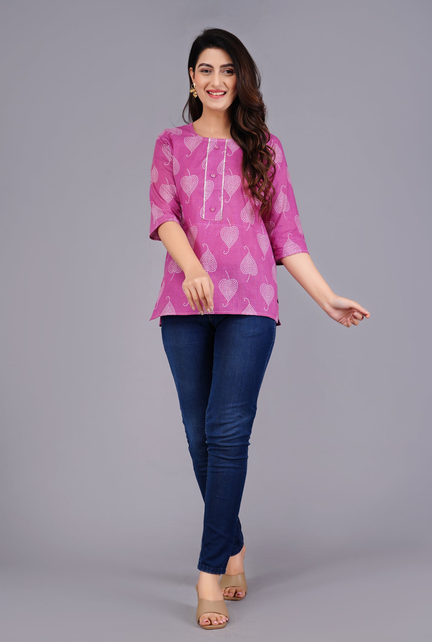 Cotton Magenta Printed Short Kurti