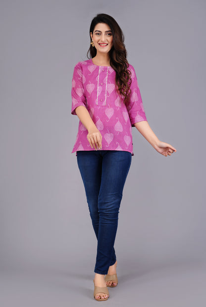 Cotton Magenta Printed Short Kurti