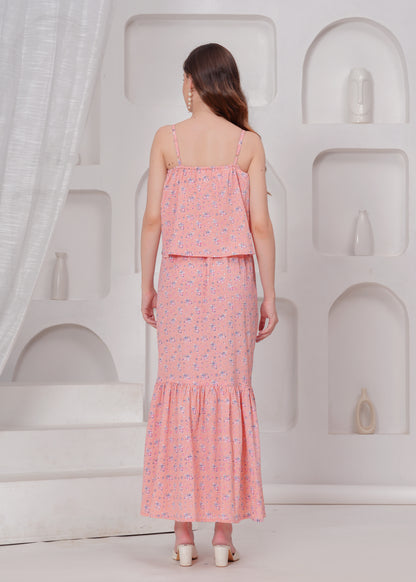 Frilled Long Beachwear and Casualwear Pink Strap Dress