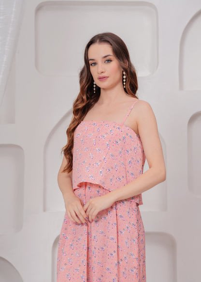 Frilled Long Beachwear and Casualwear Pink Strap Dress