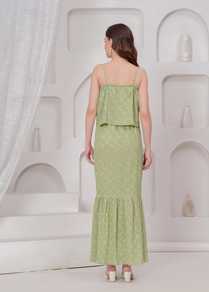 Frilled Long Beachwear and Casualwear Green Strap Dress