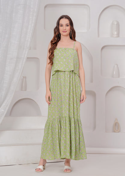 Frilled Long Beachwear and Casualwear Green Strap Dress