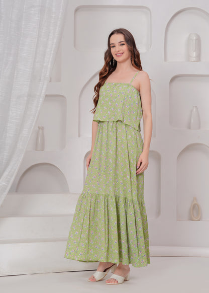 Frilled Long Beachwear and Casualwear Green Strap Dress