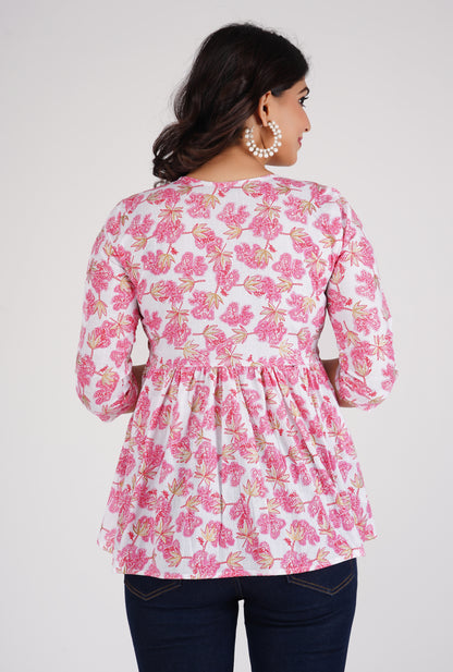 Cotton Pink & White Peplum Top