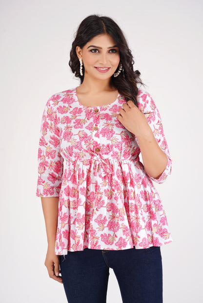 Cotton Pink & White Peplum Top