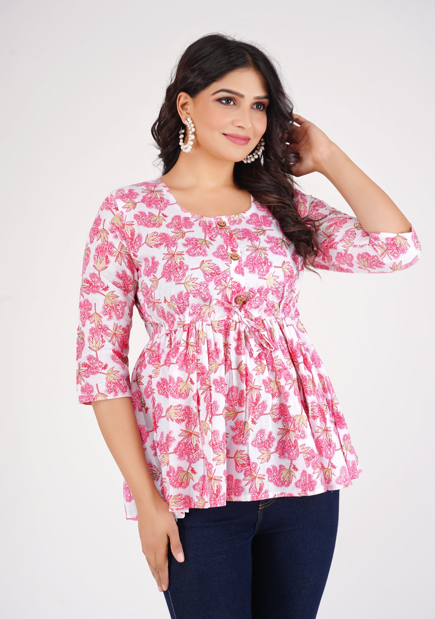 Cotton Pink & White Peplum Top