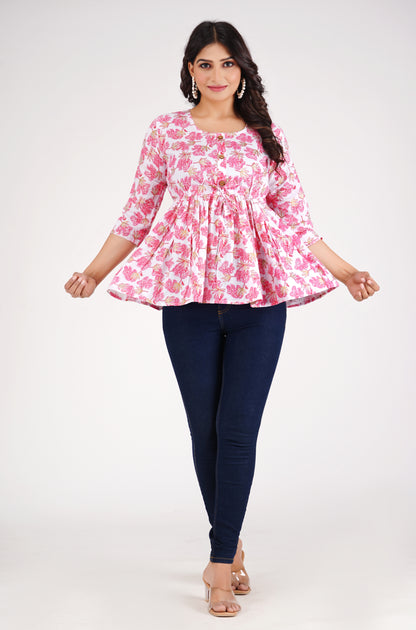 Cotton Pink & White Peplum Top