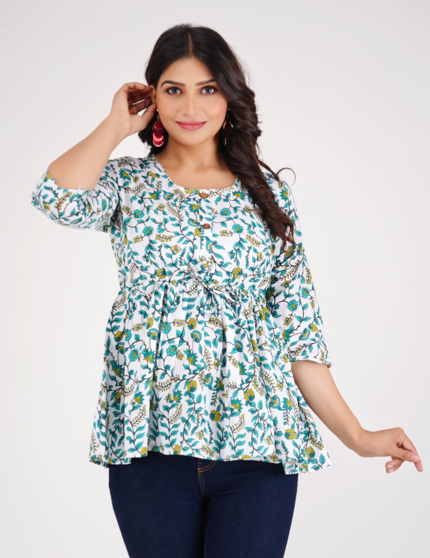 Cotton White & Green Peplum Top