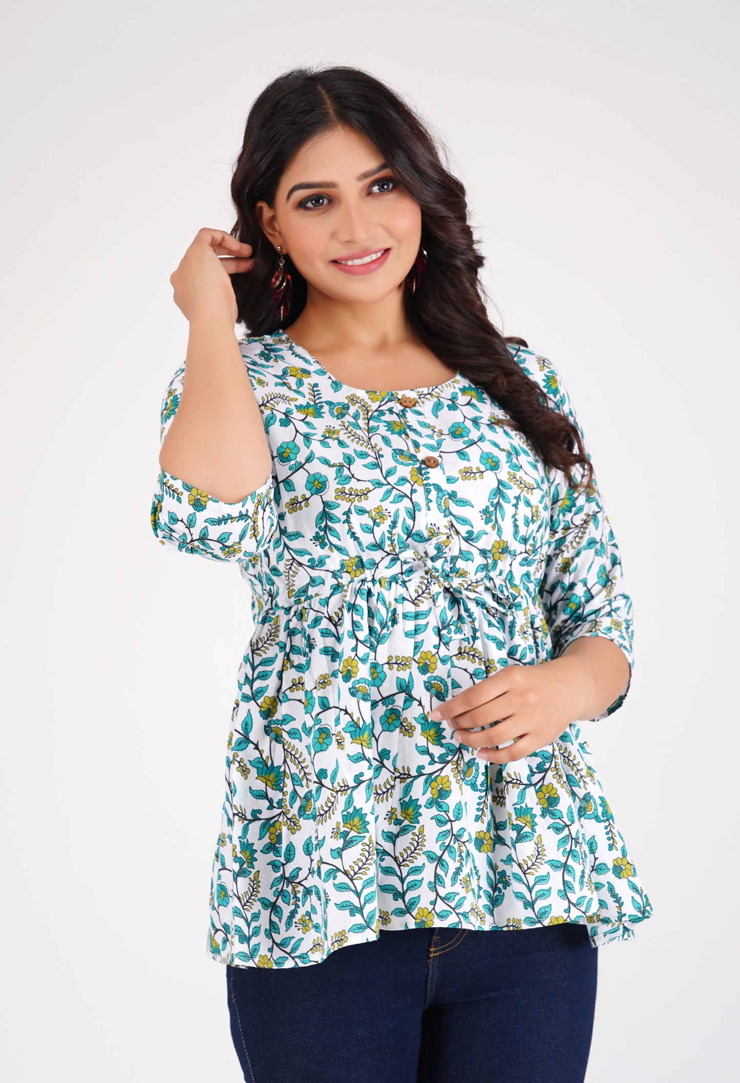 Cotton White & Green Peplum Top