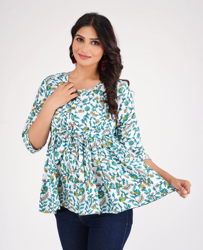 Cotton White & Green Peplum Top