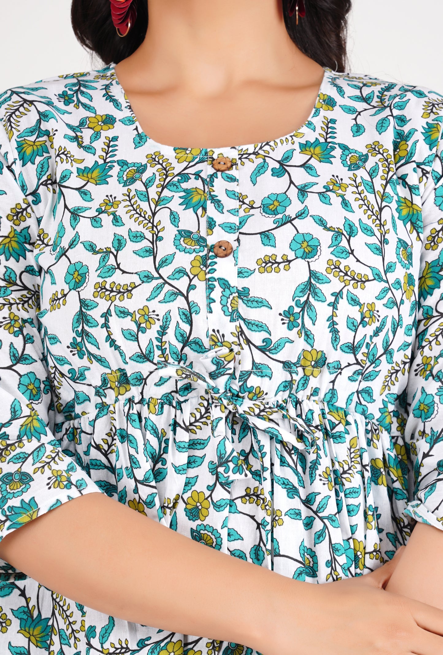 Cotton White & Green Peplum Top