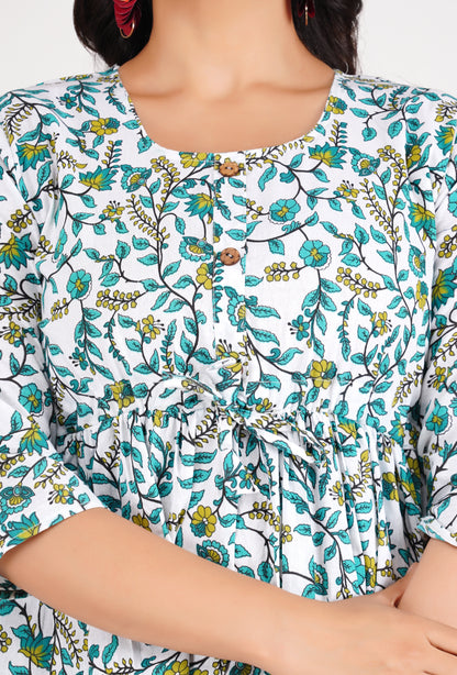 Cotton White & Green Peplum Top