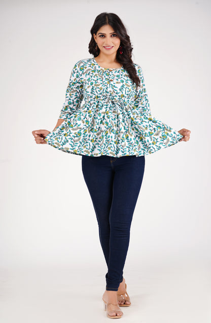 Cotton White & Green Peplum Top